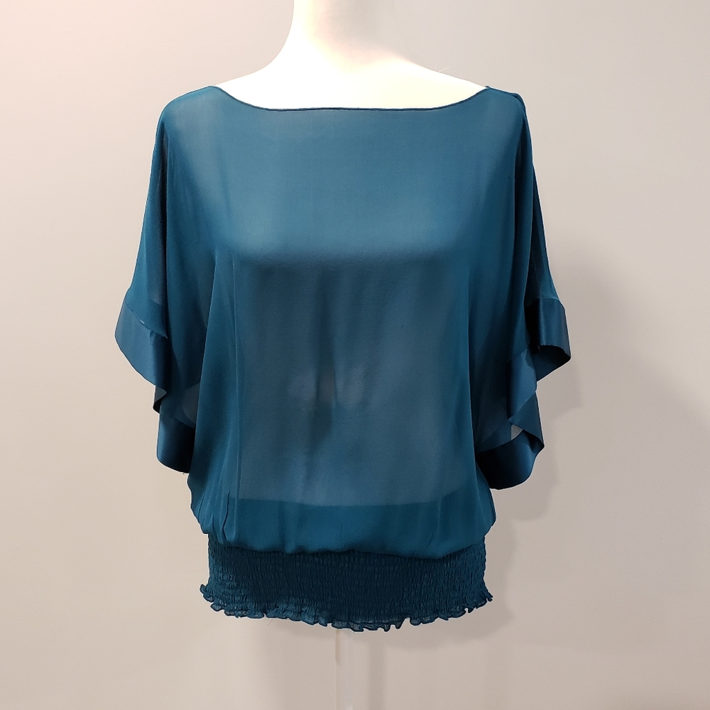 Express sheer satin trim teal blouse size small